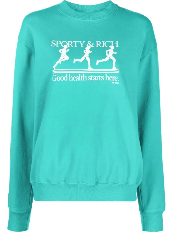 【Sporty & Rich】Health And Fitness Logo Print Sweatshirt Health & Fitness Crewneck - Sky Blue/Black – Sporty & Rich
