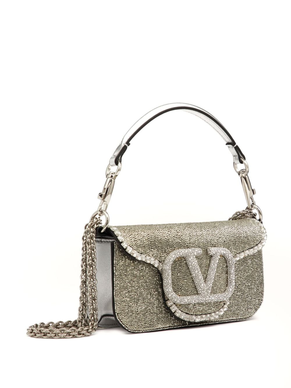 Shop Valentino Small Locò Embroidered Shoulder Bag In Silver