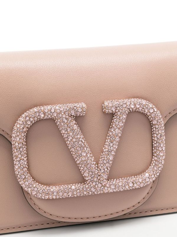 Valentino Small Vsling Shiny Calfskin Shoulder Bag With Crystal  Embellishments