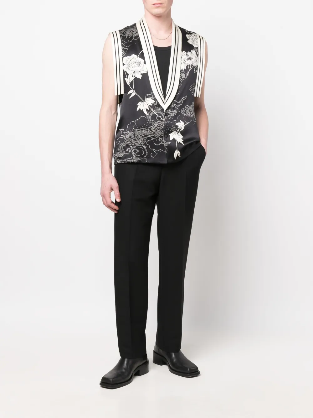 Saint Laurent Floral Embroidered Silk Waistcoat In Black