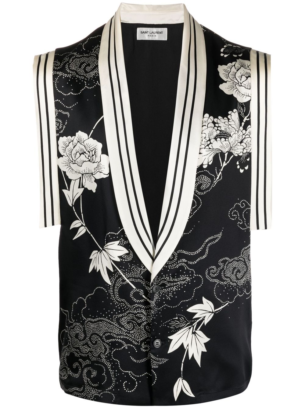 Saint Laurent Floral Embroidered Silk Waistcoat In Black