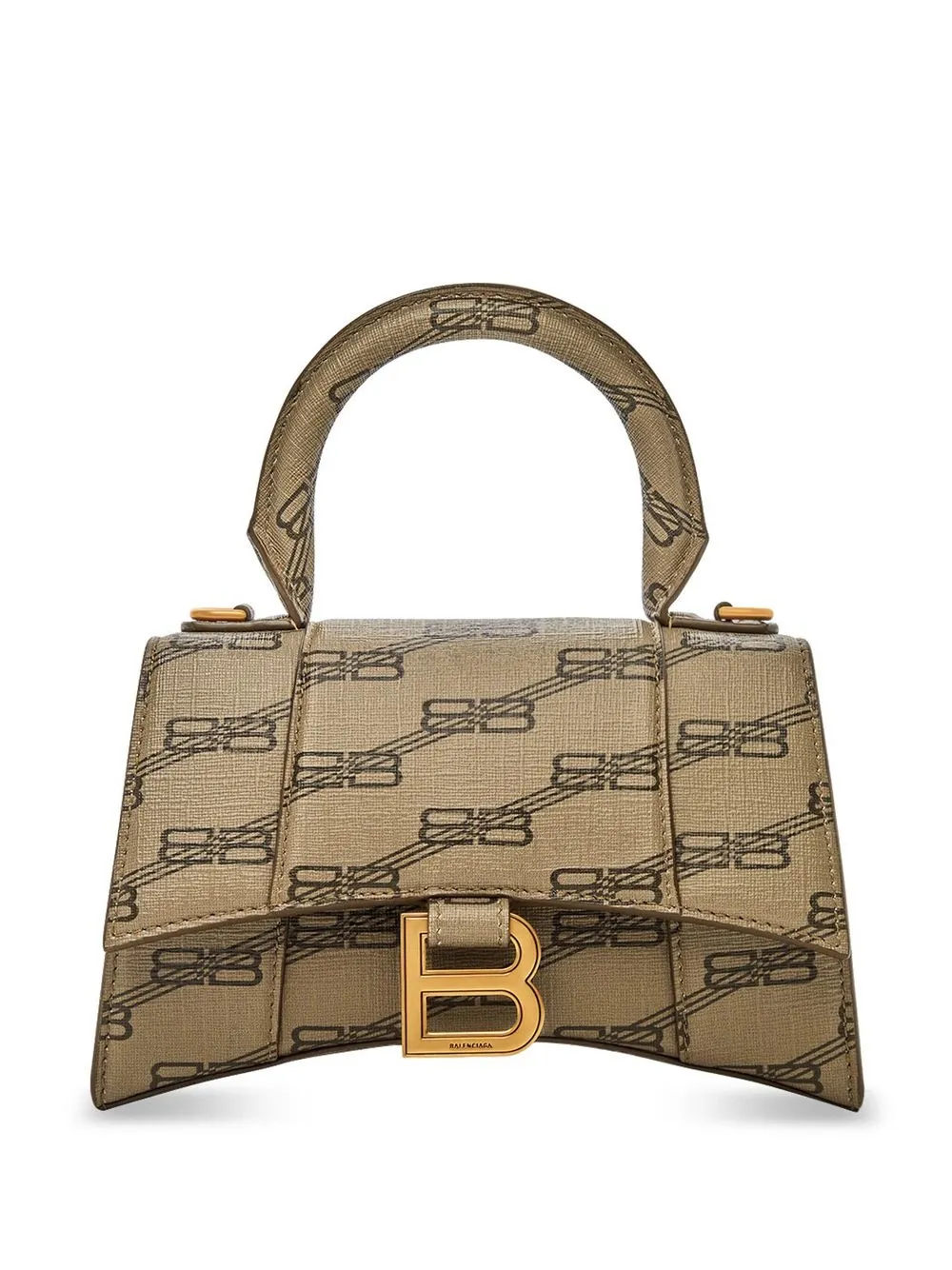 BALENCIAGA: Hourglass XS bag in coated cotton with all over monogram -  Beige