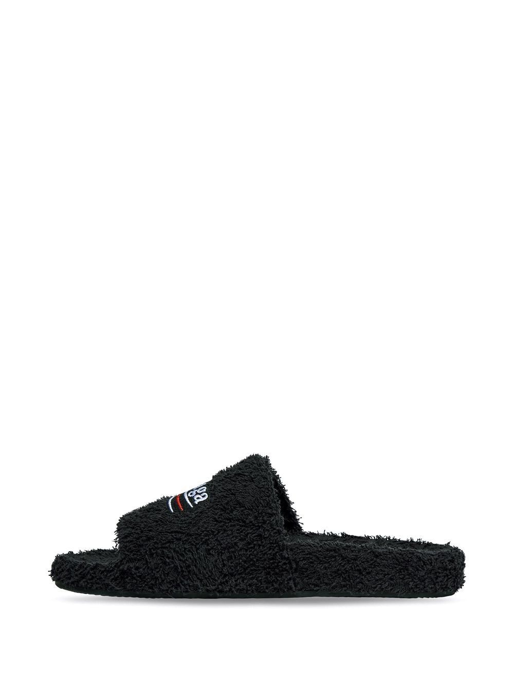 Shop Balenciaga Embroidered-logo Furry Slippers In Black