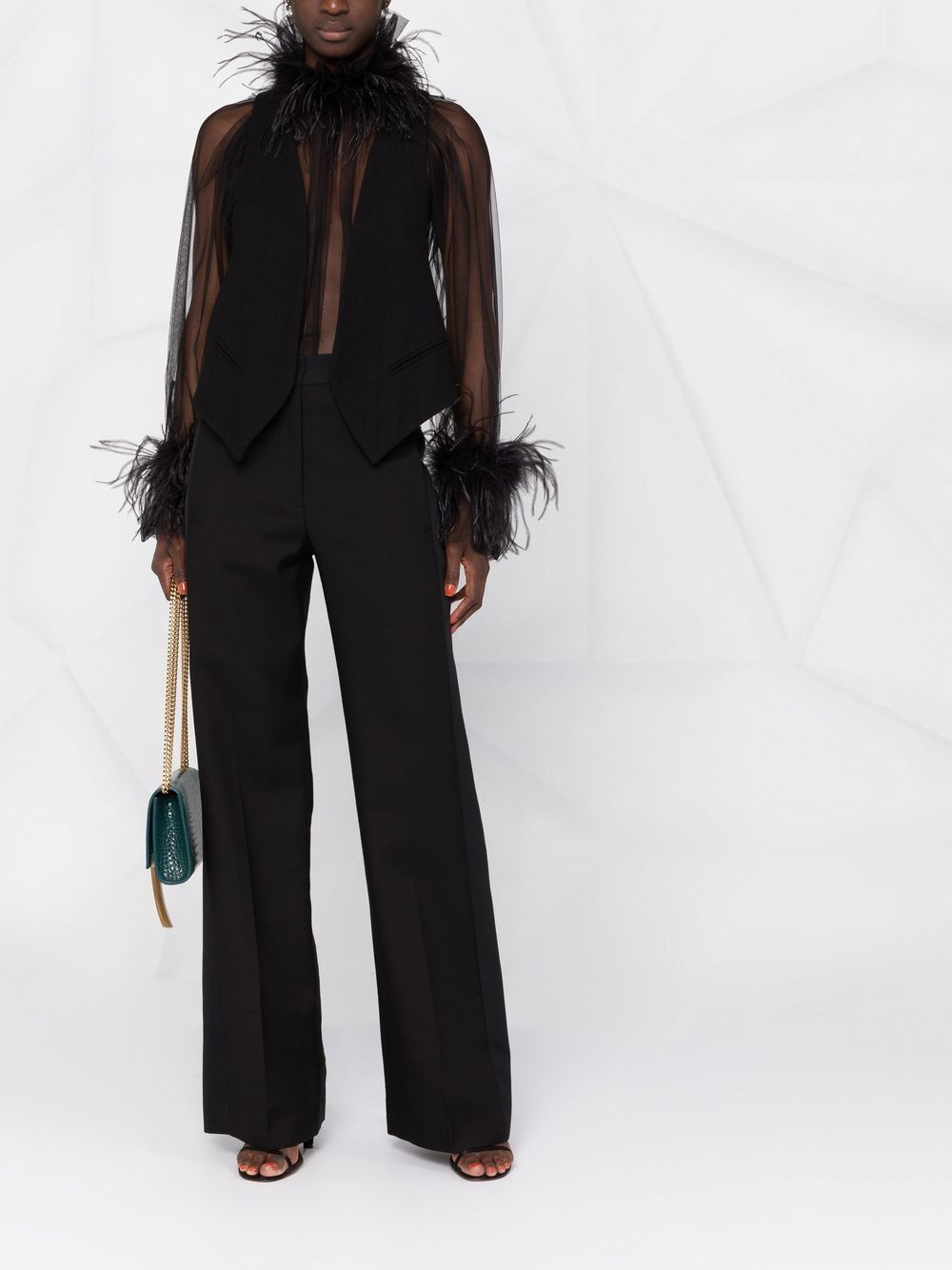 Shop Styland Feather-trimmed Sheer Blouse In Black