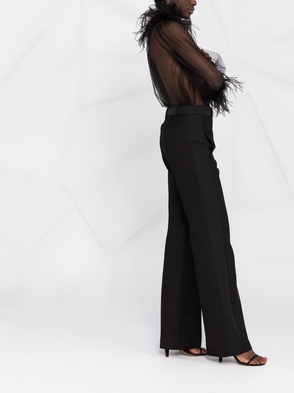 Shop Styland Feather-trimmed Sheer Blouse In Black