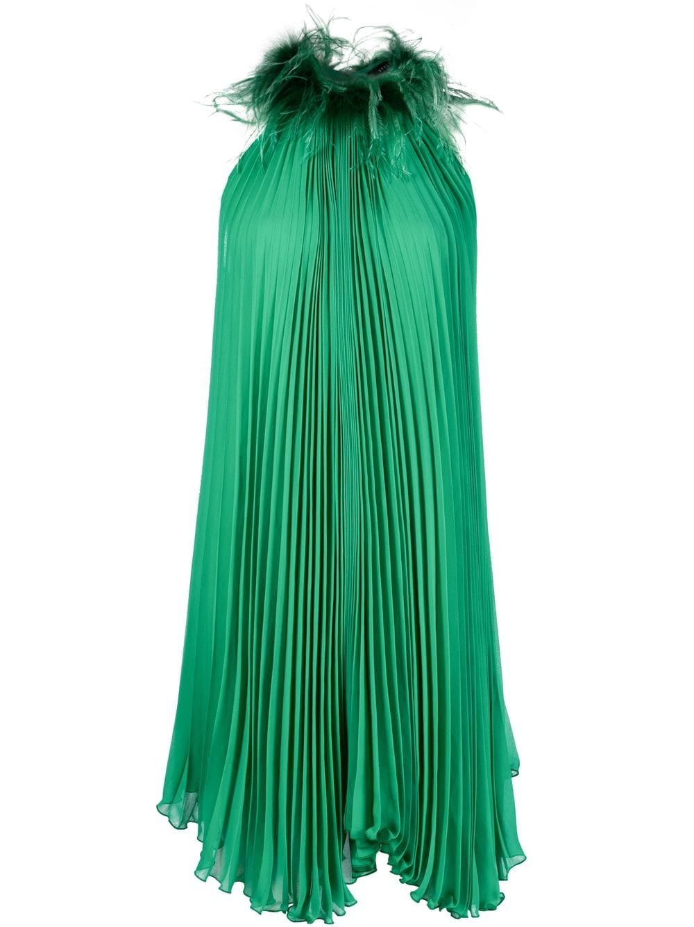 Styland Feather-trim Pleated Dress In Green