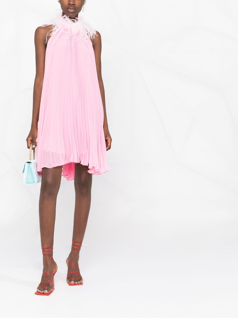 Shop Styland Feather-trim Pleated Dress In Pink