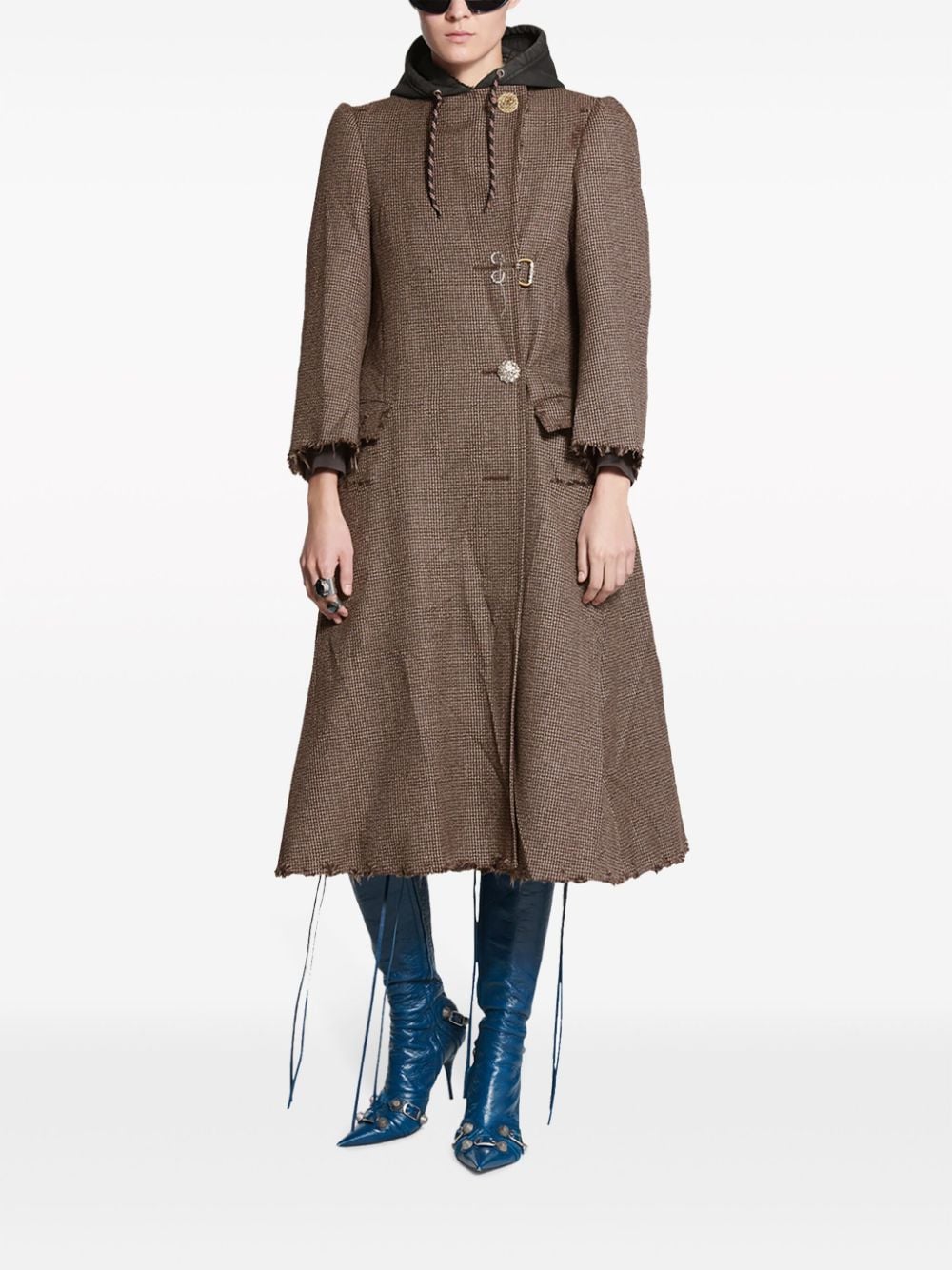 Shop Balenciaga Check-pattern Distressed-finish Coat In Brown
