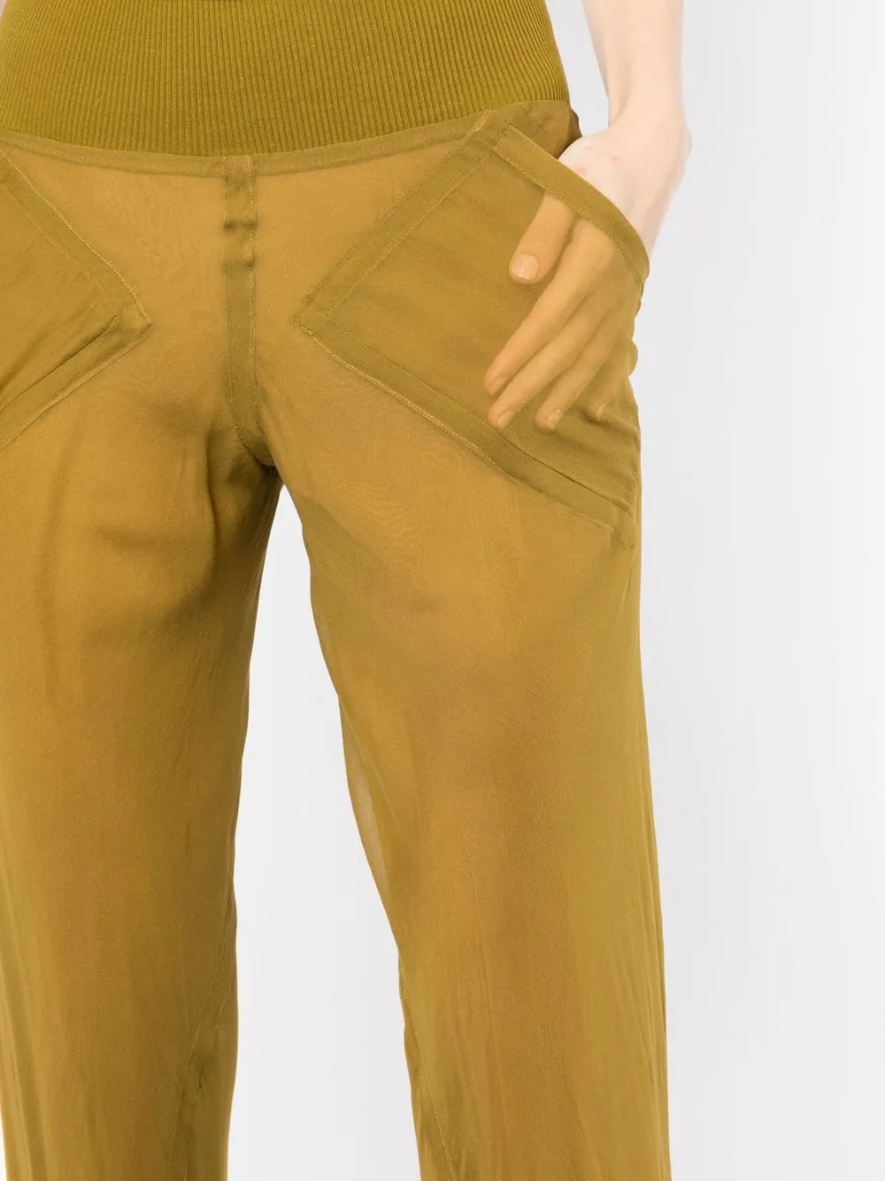 Shop Rick Owens Sheer-panelled Design Trousers In Yellow