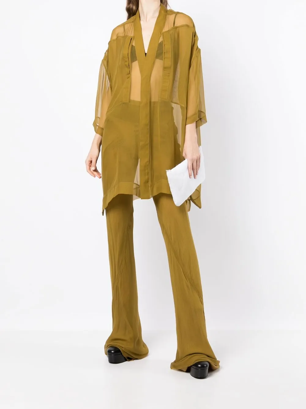 Shop Rick Owens Sheer-panelled Design Trousers In Yellow