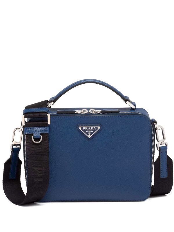 Prada, Bags, Prada Brique Saffiano Leather Bag Blue Silver Crossbody