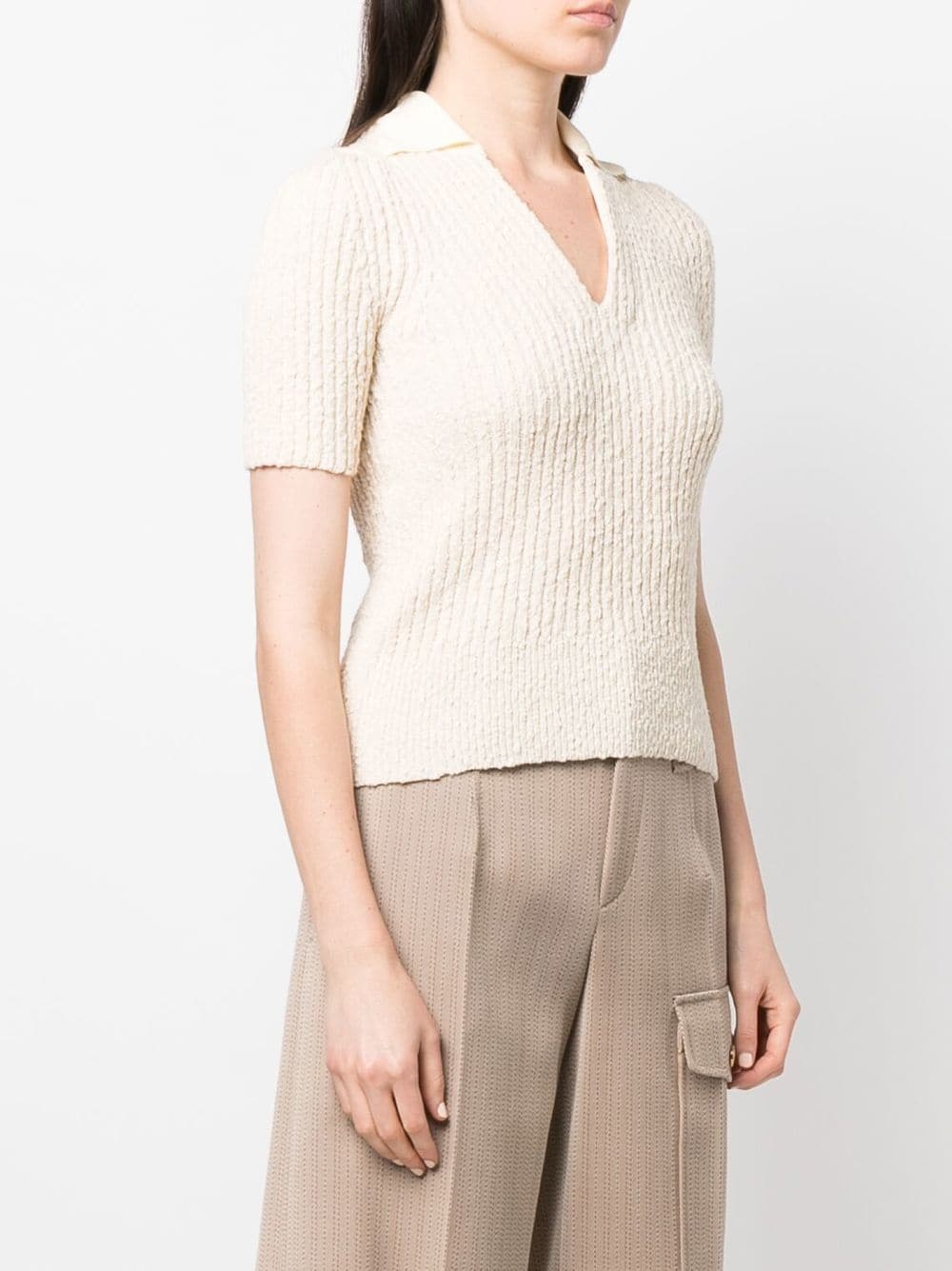 Tory Burch Ribbed-knit Polo Shirt In Neutrals | ModeSens
