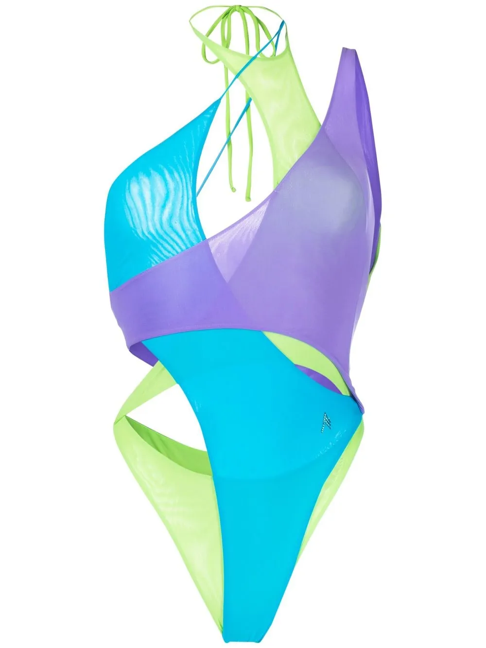 Attico Asymmetric Crystal-embellished Paneled Swimsuit In Blue