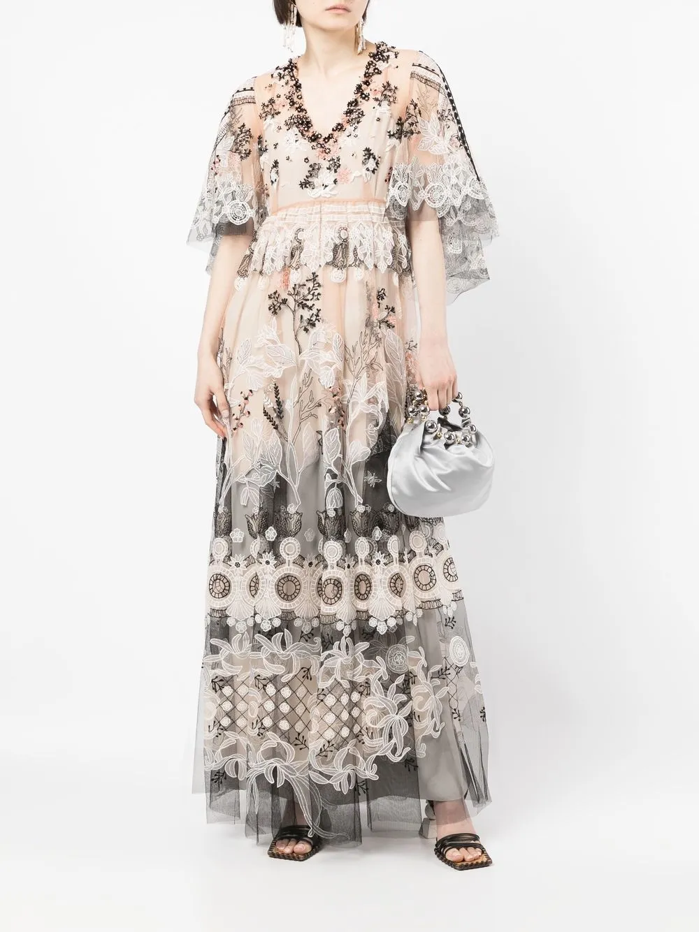 Biyan Embroidered Empire-line Maxi Dress In Brown