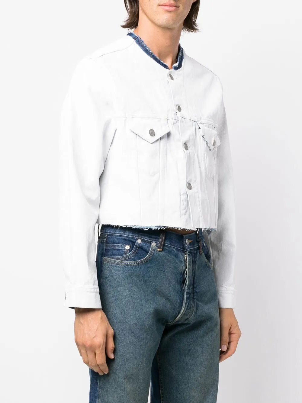Collarless cropped denim jacket clearance