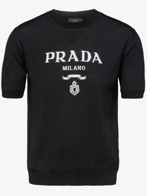 Prada intarsiastickad kortärmad tröja med logotyp
