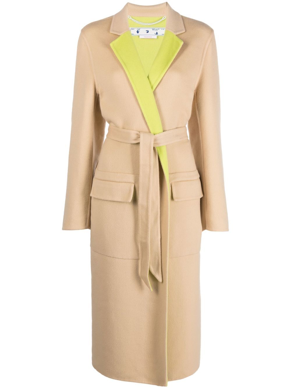 Off-white Double Wool & Cashmere Blend Belt Coat In Camel,yellow