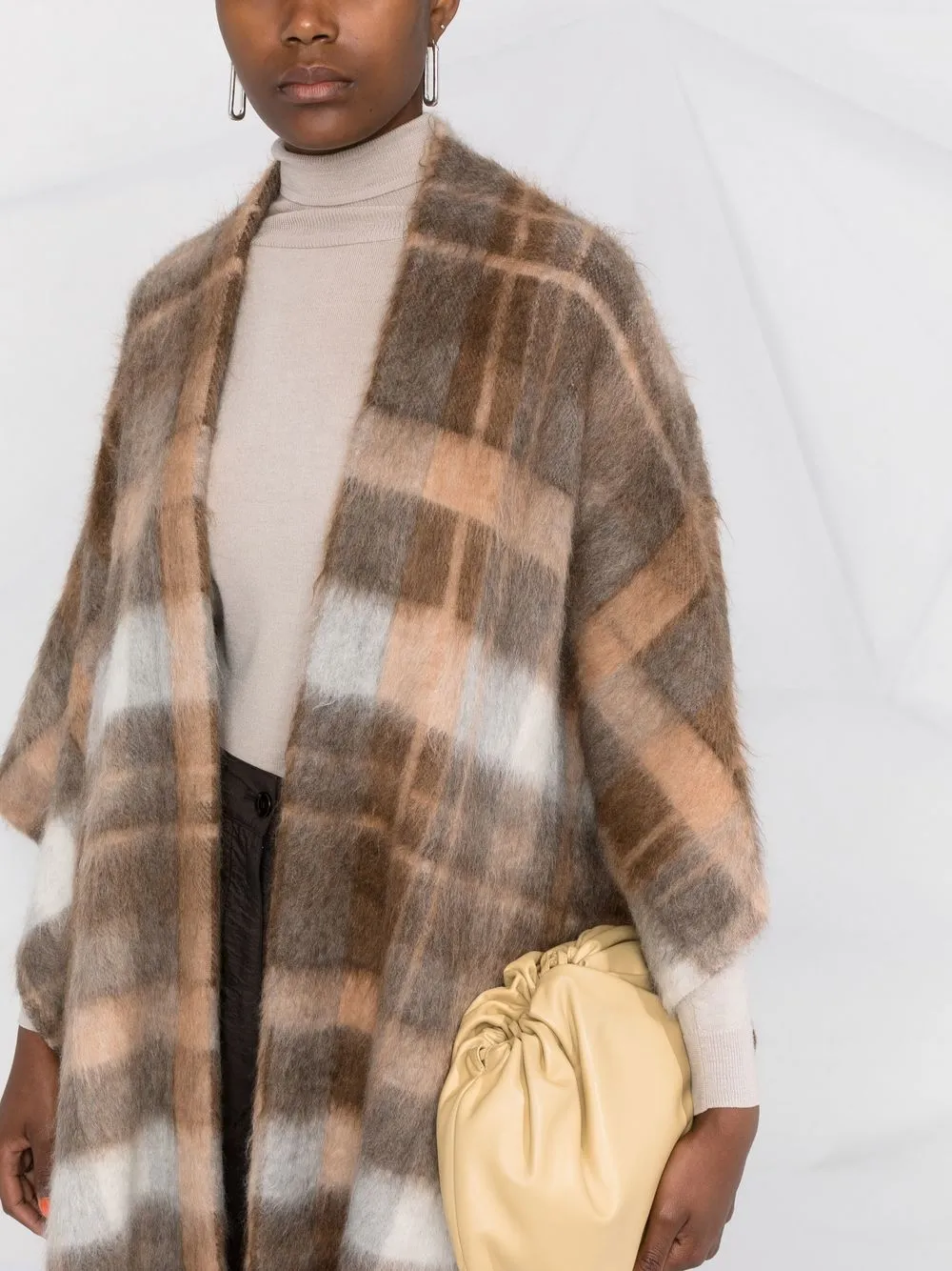 Brunello Cucinelli Fringed Checked Brushed Knitted Poncho In Brown