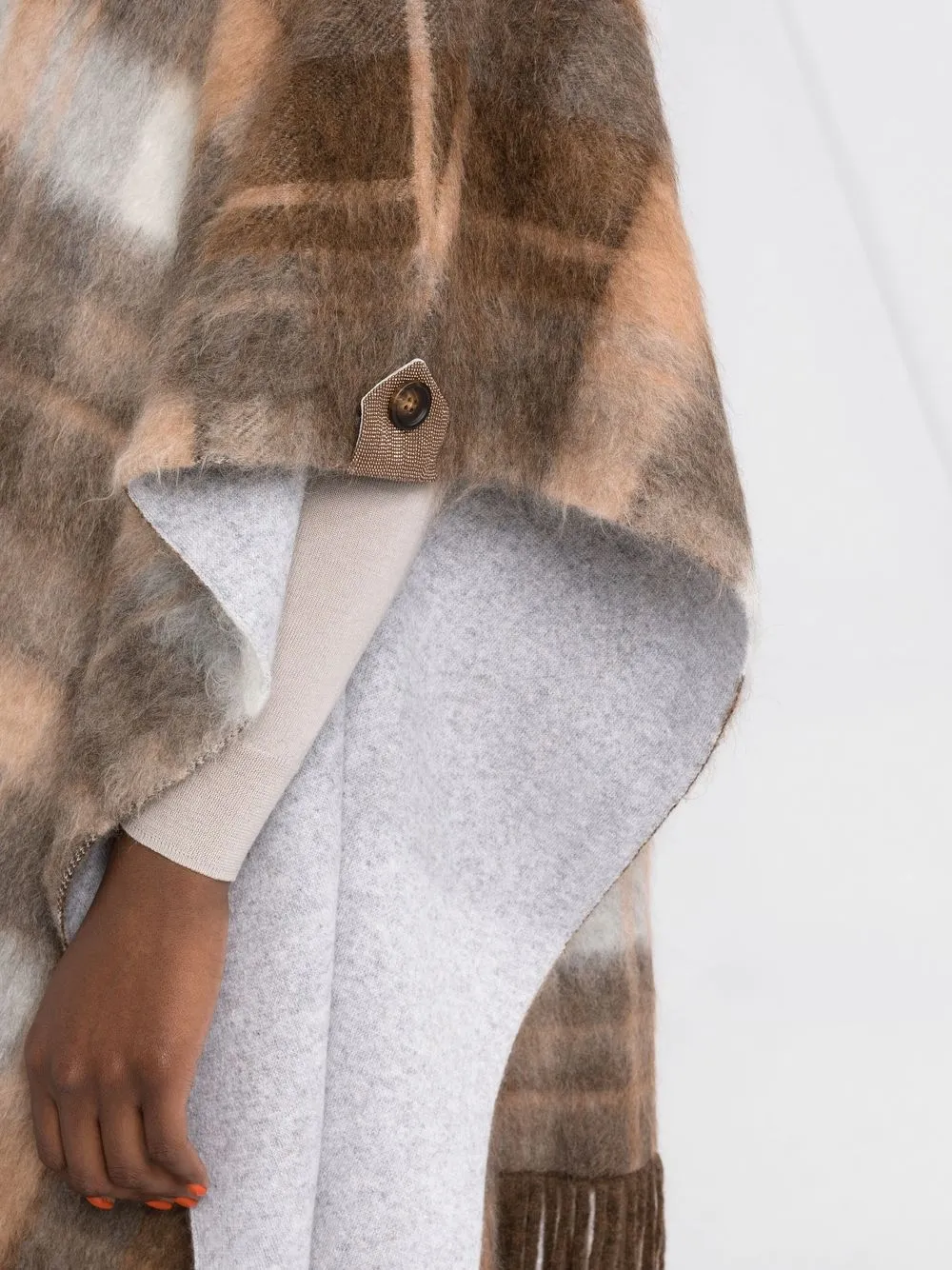 Brunello Cucinelli Fringed Checked Brushed Knitted Poncho In Brown