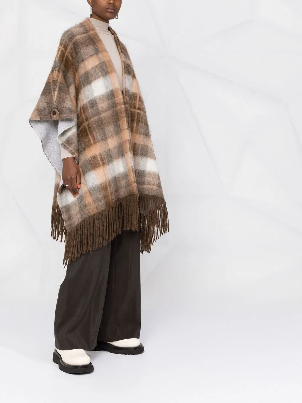 Brunello Cucinelli Fringed Checked Brushed Knitted Poncho In Brown