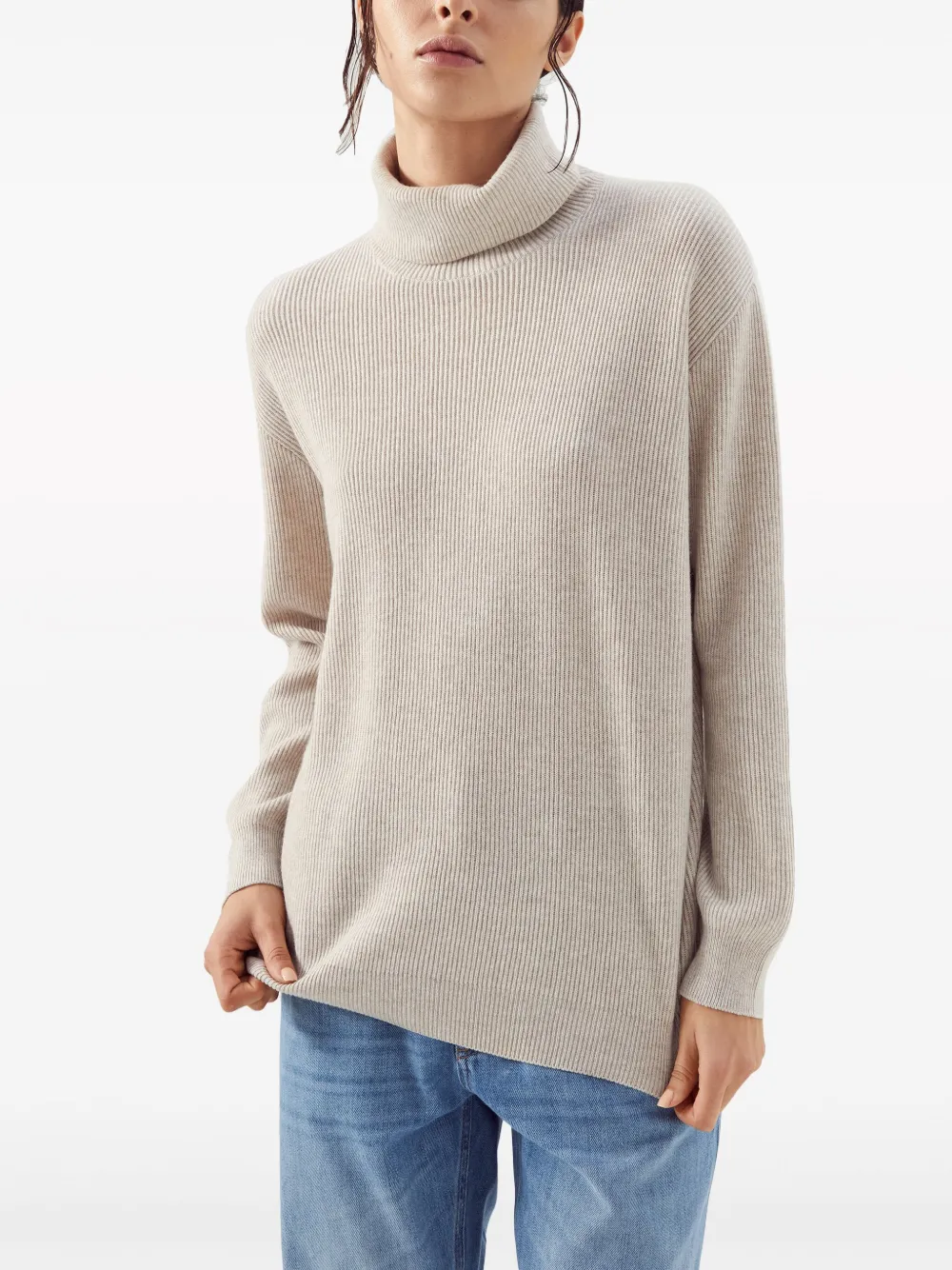 Brunello Cucinelli Ribbed Cashmere Roll-neck Jumper In Neutrals
