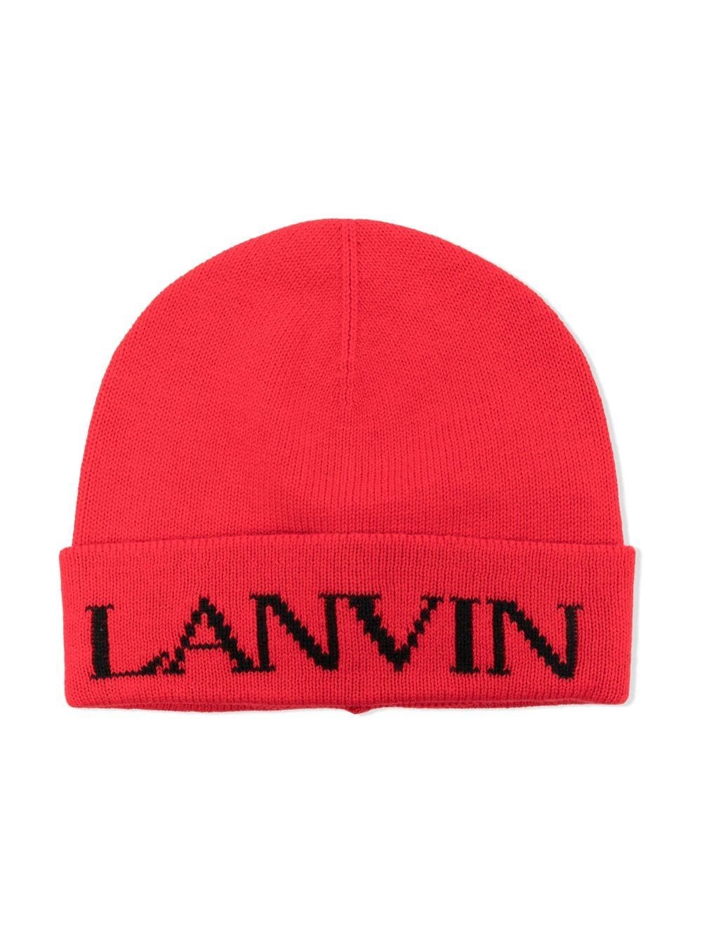 lanvin enfant logo-knit beanie hat - red