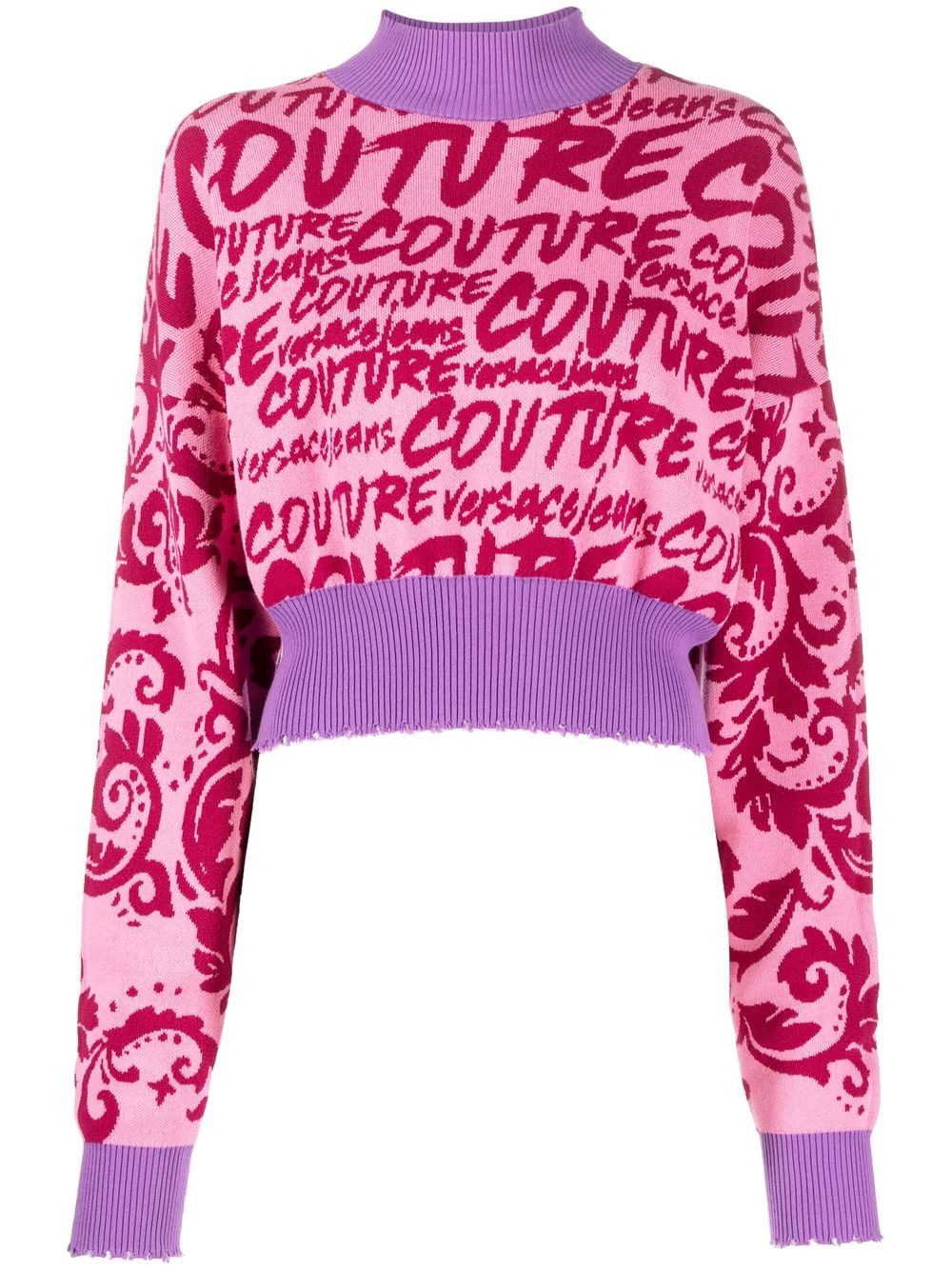 Versace Jeans Couture Cropped Logo-intarsia Jumper In Pink