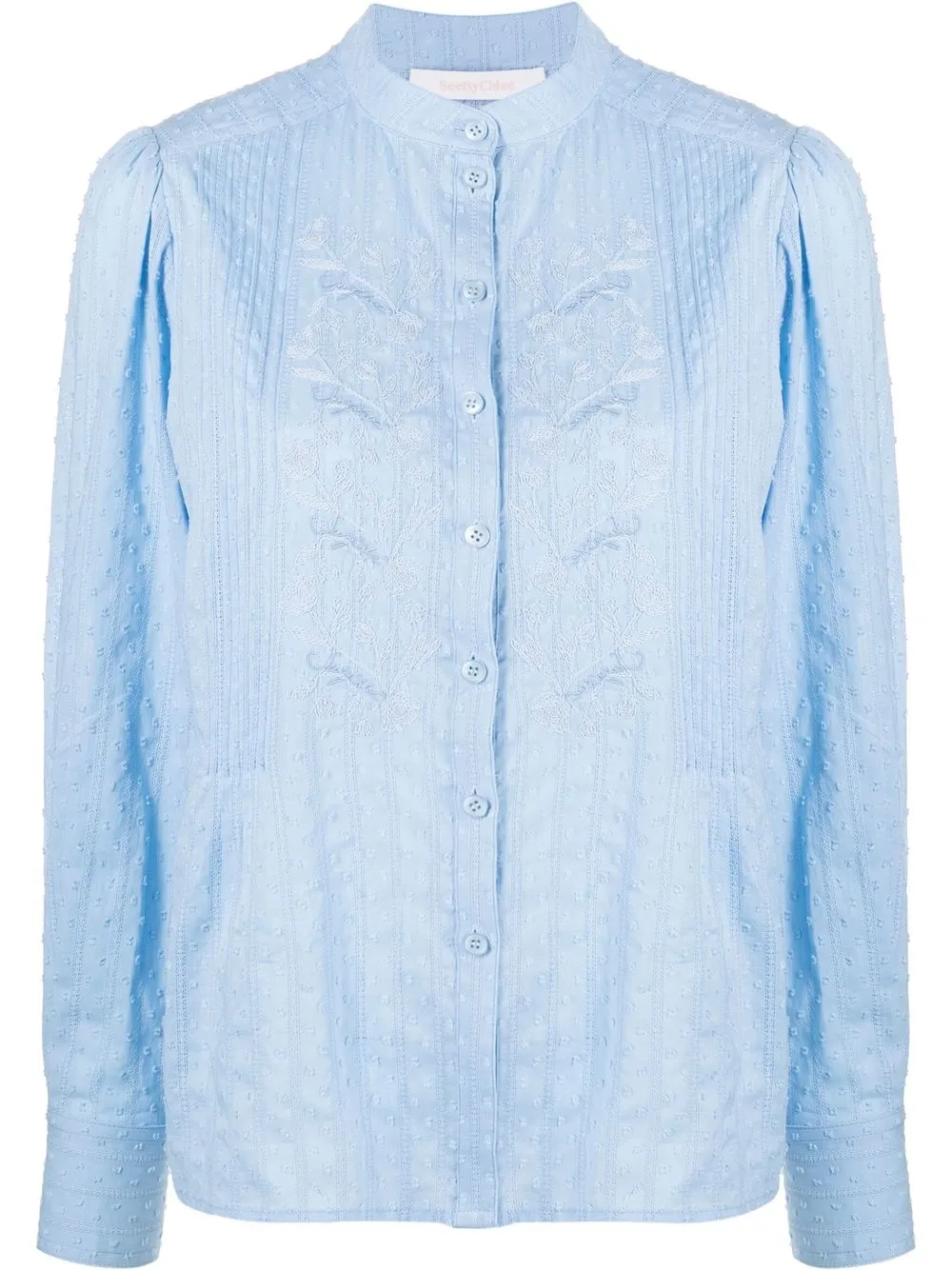 

See by Chloé floral-embroidered collarless shirt - Blue