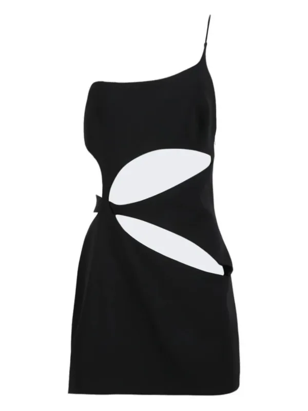 knee length dresses for ladies Monot One Shoulder Circle Cut Out Mini Dress 2 / Black