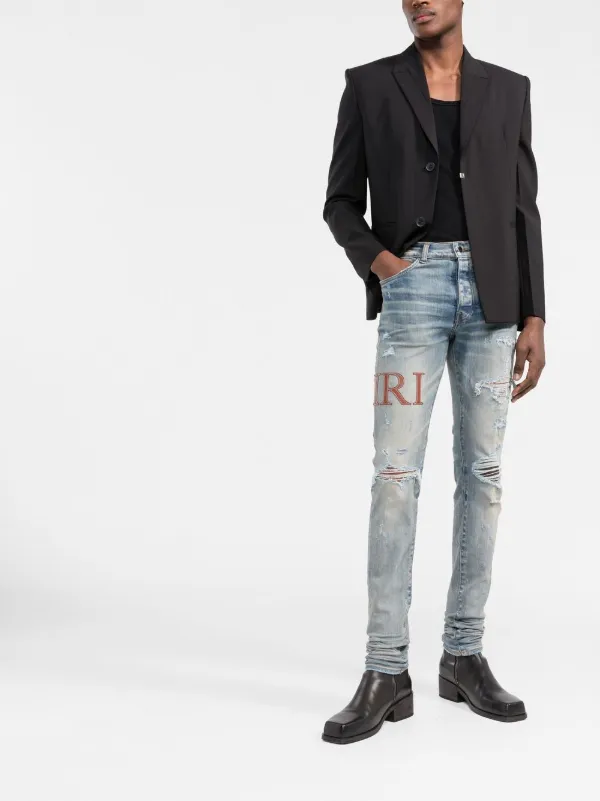 AMIRI leather-stitch Logo Skinny Jeans - Farfetch