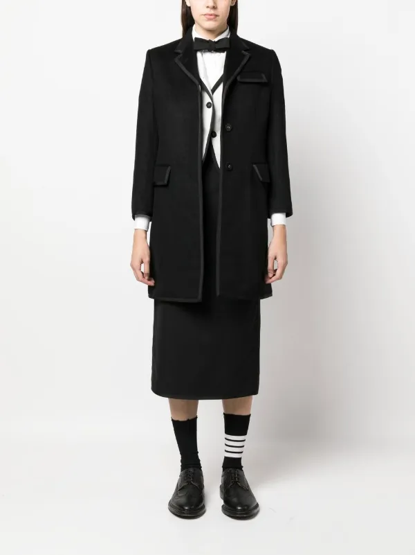 Thom Browne Long Grosgrain ribbon-trim Coat | Black | FARFETCH