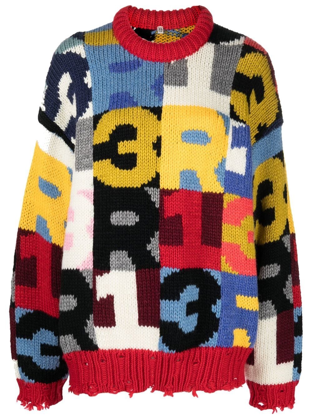 

R13 distressed logo-intarsia knit jumper - Red