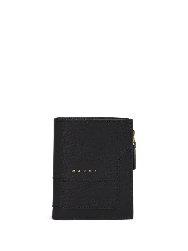 【MARNI】STRAP BIFOLD WALLET Black leather bifold wallet with Marni Mending embroidery