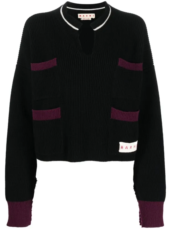 Marni - Shetland Wool and Cotton Cropped Crewneck Sweater - Pullovers - Woman - Black - Size: 42