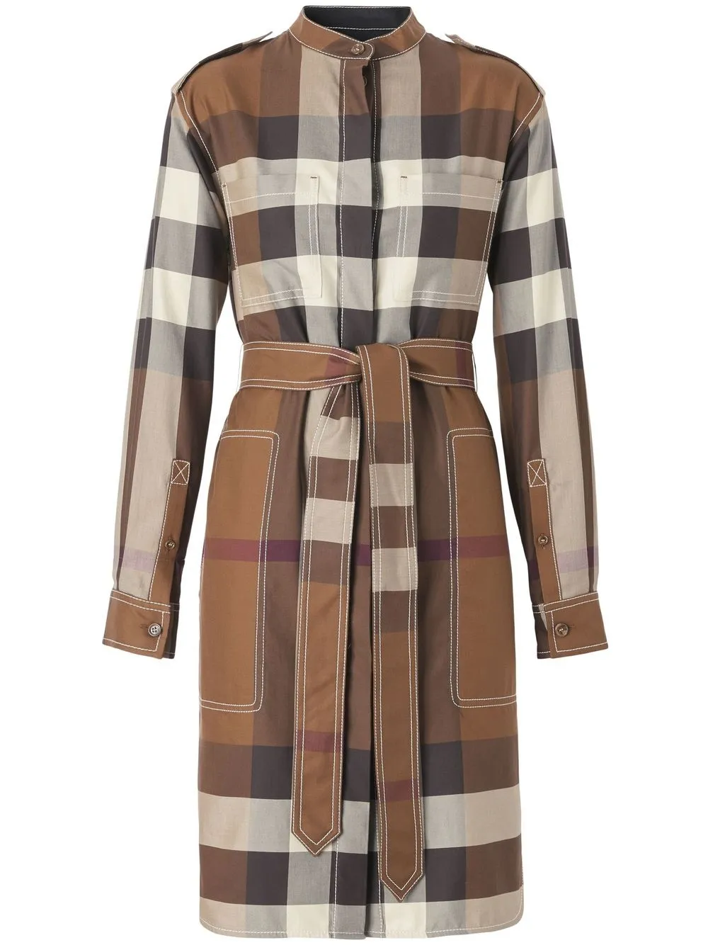 Shop Burberry Checked Tied-waist Shirt Dress In Braun