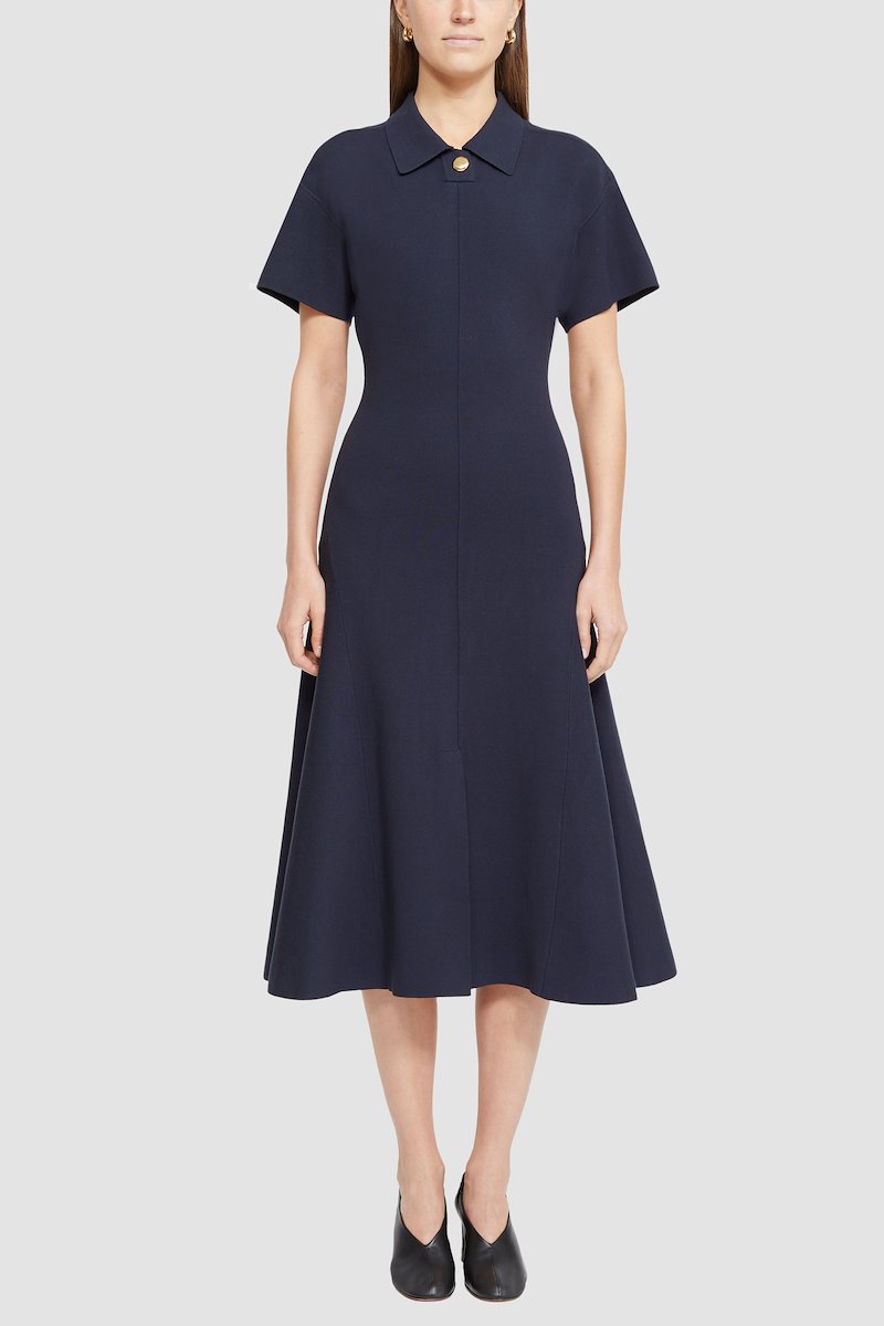 Short Sleeve Tech Milano Collared Flare Dress-blue #1 Short Sleeve Tech Milano Collared Flare Dress, A-line midi dress from 3.1 PHILLIP LIM featuring navy blue, spread collar, gold-tone buttons, short sleeves, A-line, front slit and mid-length.- 1