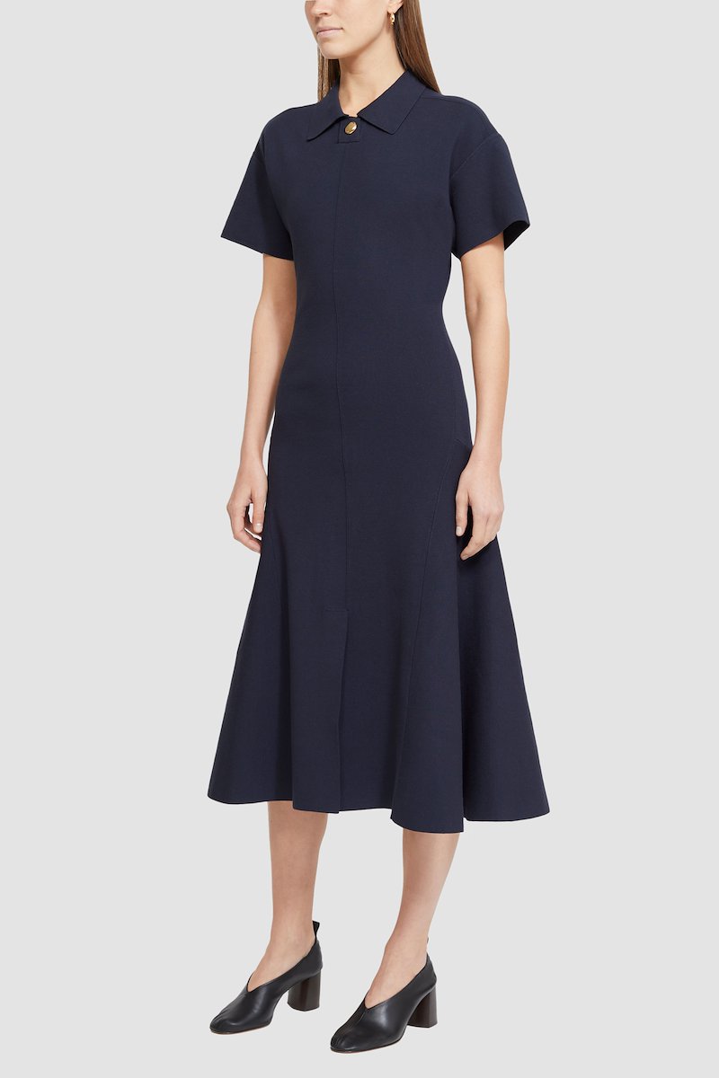 Short Sleeve Tech Milano Collared Flare Dress-blue #0 Short Sleeve Tech Milano Collared Flare Dress, A-line midi dress from 3.1 PHILLIP LIM featuring navy blue, spread collar, gold-tone buttons, short sleeves, A-line, front slit and mid-length.- 2