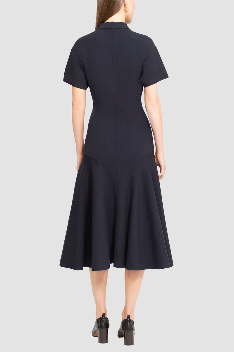 Short Sleeve Tech Milano Collared Flare Dress-blue #1 Short Sleeve Tech Milano Collared Flare Dress, A-line midi dress from 3.1 PHILLIP LIM featuring navy blue, spread collar, gold-tone buttons, short sleeves, A-line, front slit and mid-length.- 3