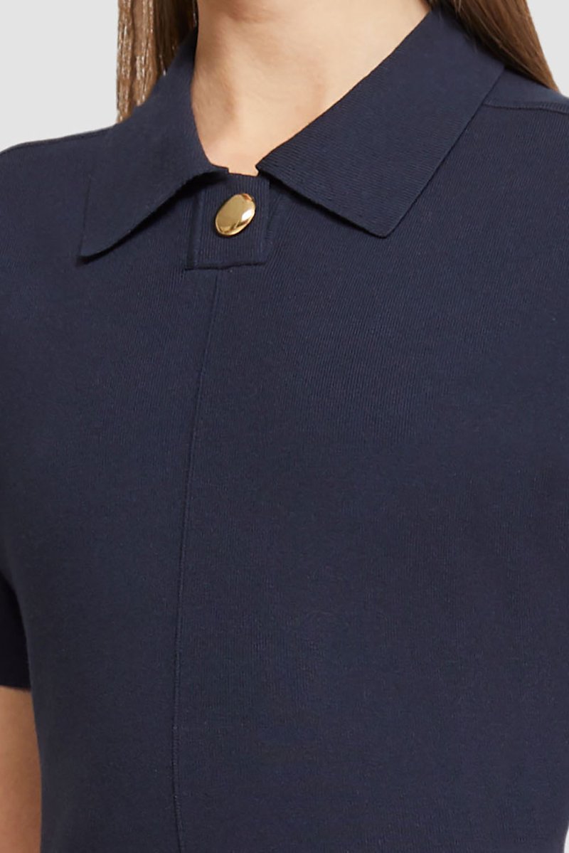 Short Sleeve Tech Milano Collared Flare Dress-blue #0 Short Sleeve Tech Milano Collared Flare Dress, A-line midi dress from 3.1 PHILLIP LIM featuring navy blue, spread collar, gold-tone buttons, short sleeves, A-line, front slit and mid-length.- 4