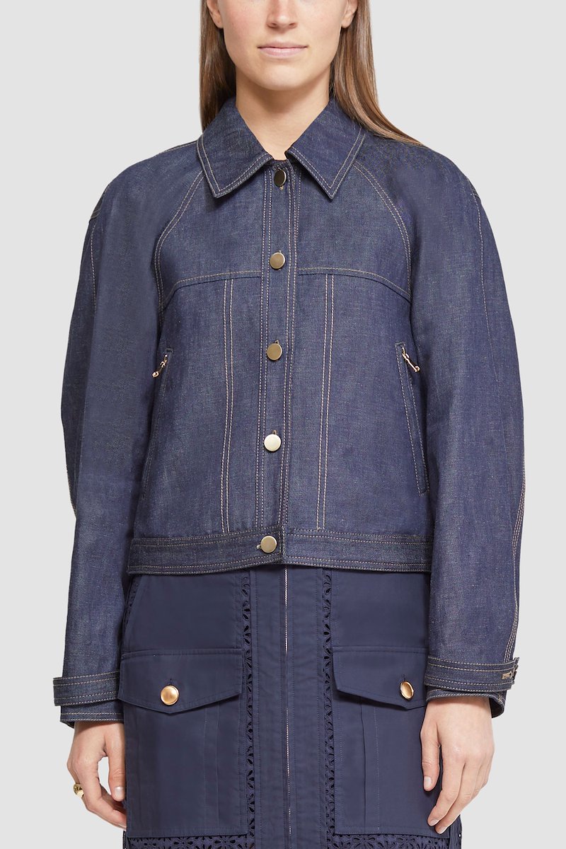 Workwear Utility Linen Denim Jacket-blue #1 Workwear Utility Linen Denim Jacket, workwear denim jacket from 3.1 PHILLIP LIM featuring indigo blue, cotton-linen blend, classic collar, front button fastening, two side zip-fastening pockets, long puff sleeves, straight hem and adjustable strap to the side.- 1