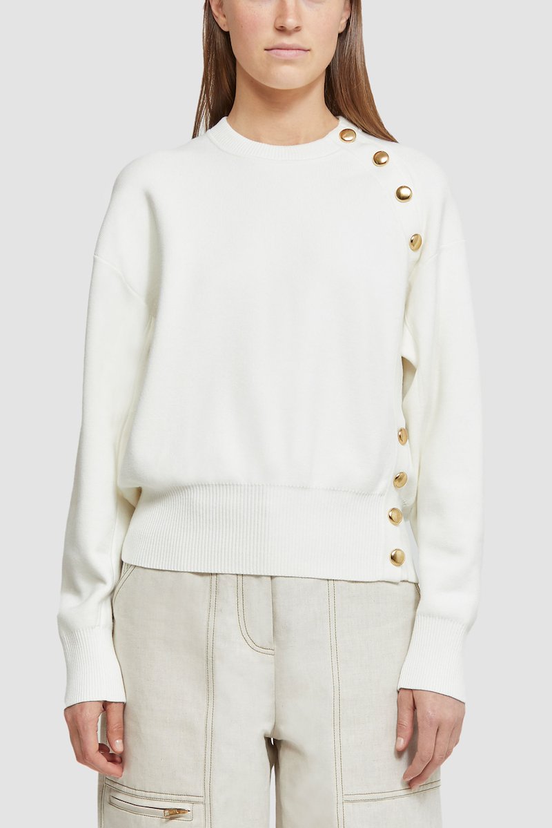 Long Sleeve Tech Milano Pullover -white #1 Long Sleeve Tech Milano Pullover , ivory white knitted construction crew neck gold-tone buttons long sleeves straight hem- 1