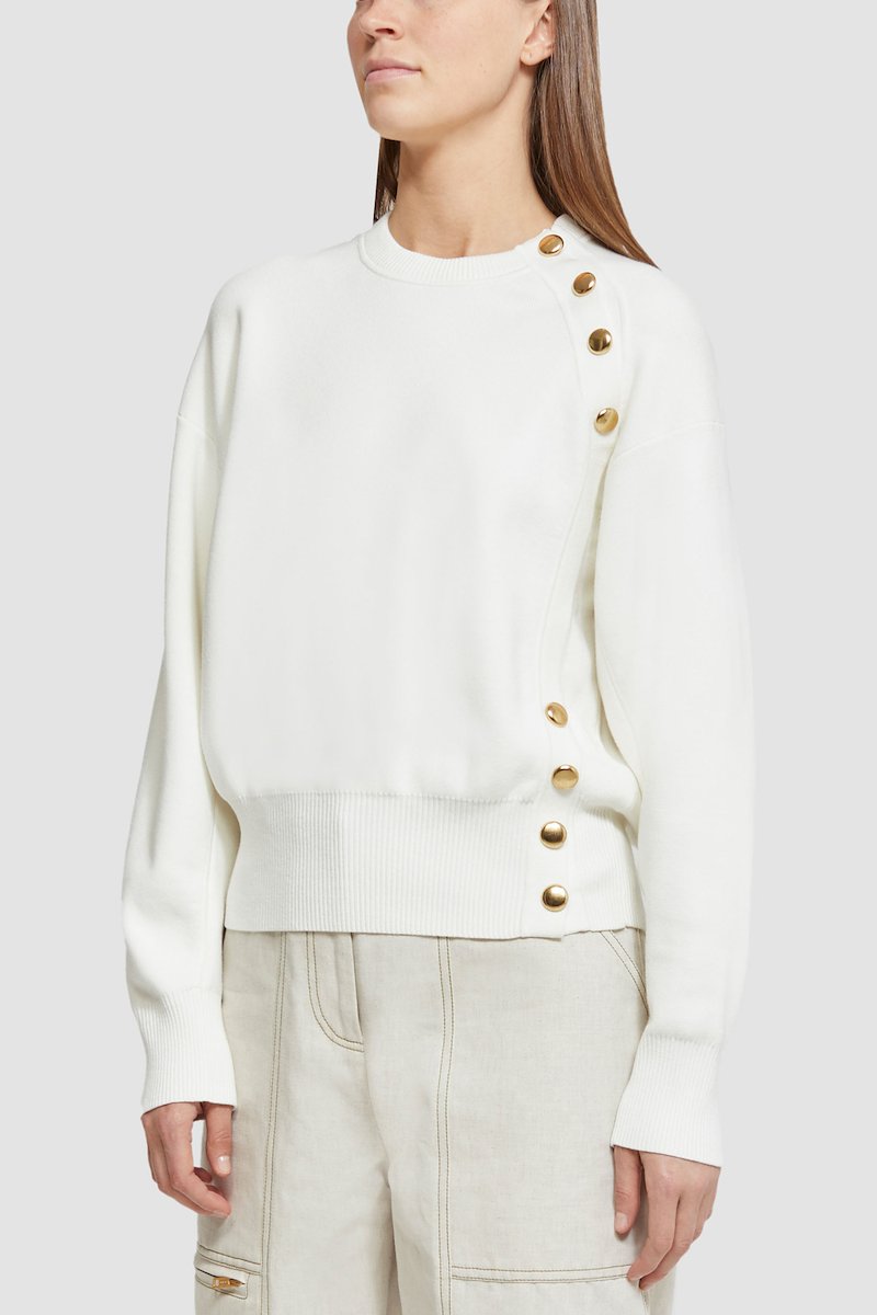 Long Sleeve Tech Milano Pullover -white #0 Long Sleeve Tech Milano Pullover , ivory white knitted construction crew neck gold-tone buttons long sleeves straight hem- 2