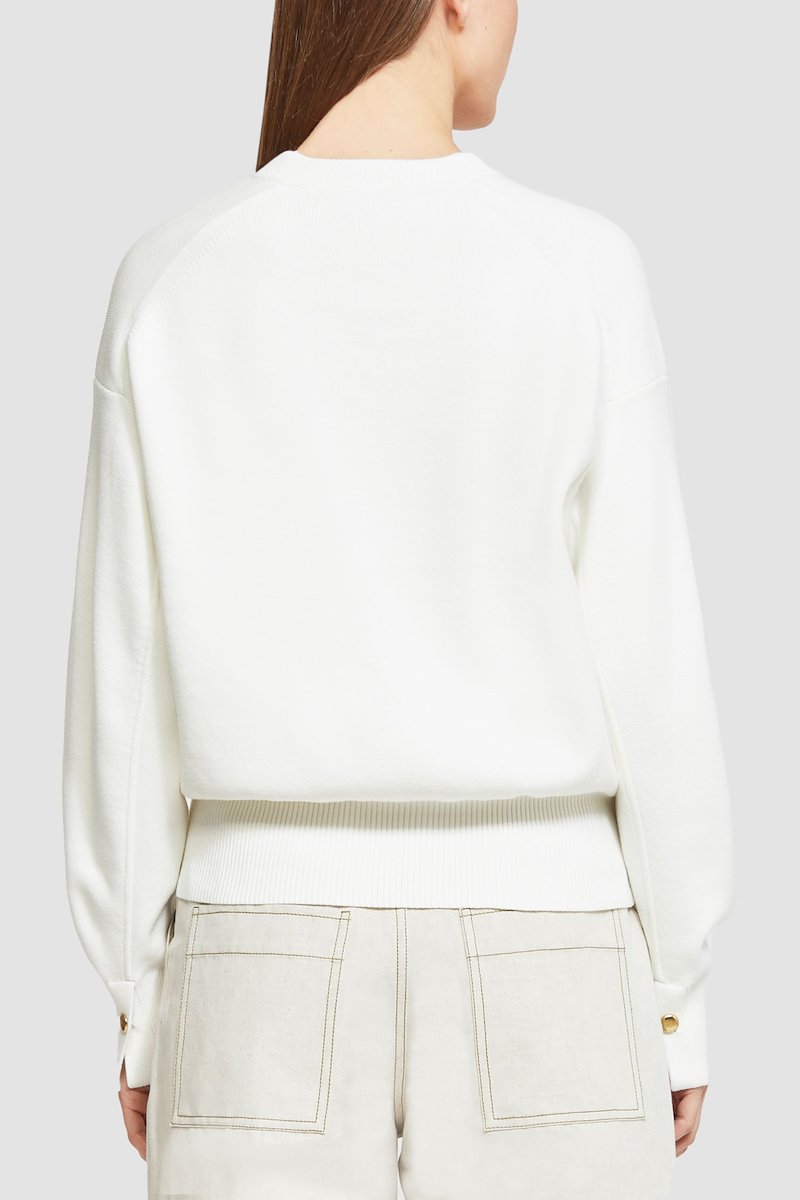Long Sleeve Tech Milano Pullover -white #1 Long Sleeve Tech Milano Pullover , ivory white knitted construction crew neck gold-tone buttons long sleeves straight hem- 3