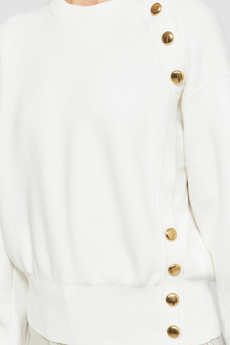 Long Sleeve Tech Milano Pullover -white #0 Long Sleeve Tech Milano Pullover , ivory white knitted construction crew neck gold-tone buttons long sleeves straight hem- 4