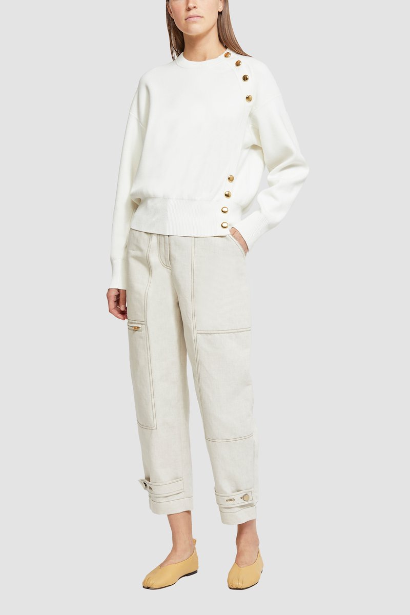 Long Sleeve Tech Milano Pullover -white #0 Long Sleeve Tech Milano Pullover , ivory white knitted construction crew neck gold-tone buttons long sleeves straight hem- 0