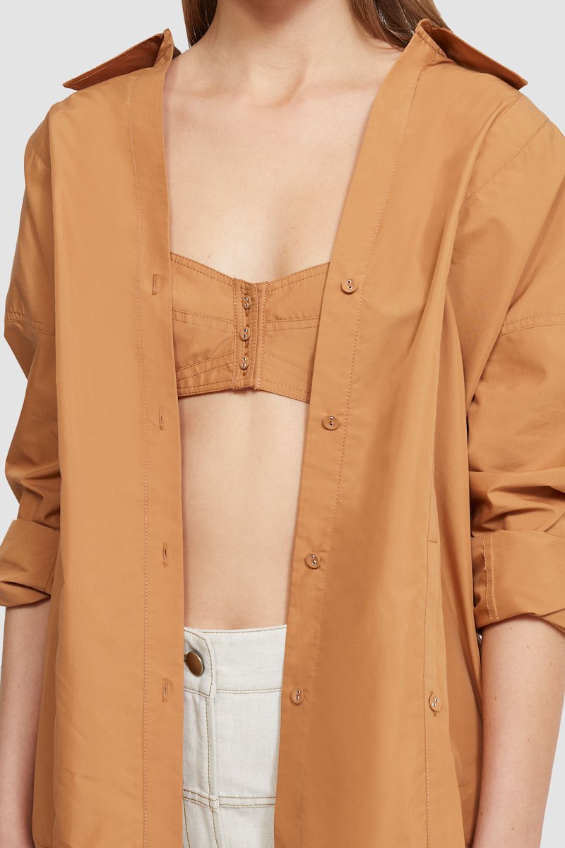 Long Sleeve Cotton Poplin Shirt -neutrals #1 Long Sleeve Cotton Poplin Shirt , flat-collar long-sleeved shirt from 3.1 PHILLIP LIM featuring taupe, cotton blend, oversized pointed collar, front button fastening, long sleeves, buttoned cuffs and straight hem.- 1