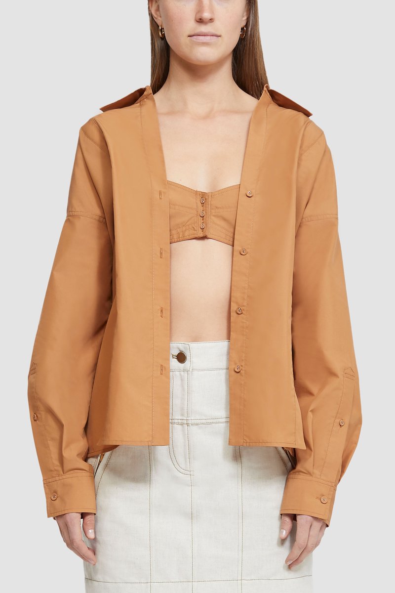 Long Sleeve Cotton Poplin Shirt -neutrals #1 Long Sleeve Cotton Poplin Shirt , flat-collar long-sleeved shirt from 3.1 PHILLIP LIM featuring taupe, cotton blend, oversized pointed collar, front button fastening, long sleeves, buttoned cuffs and straight hem.- 3