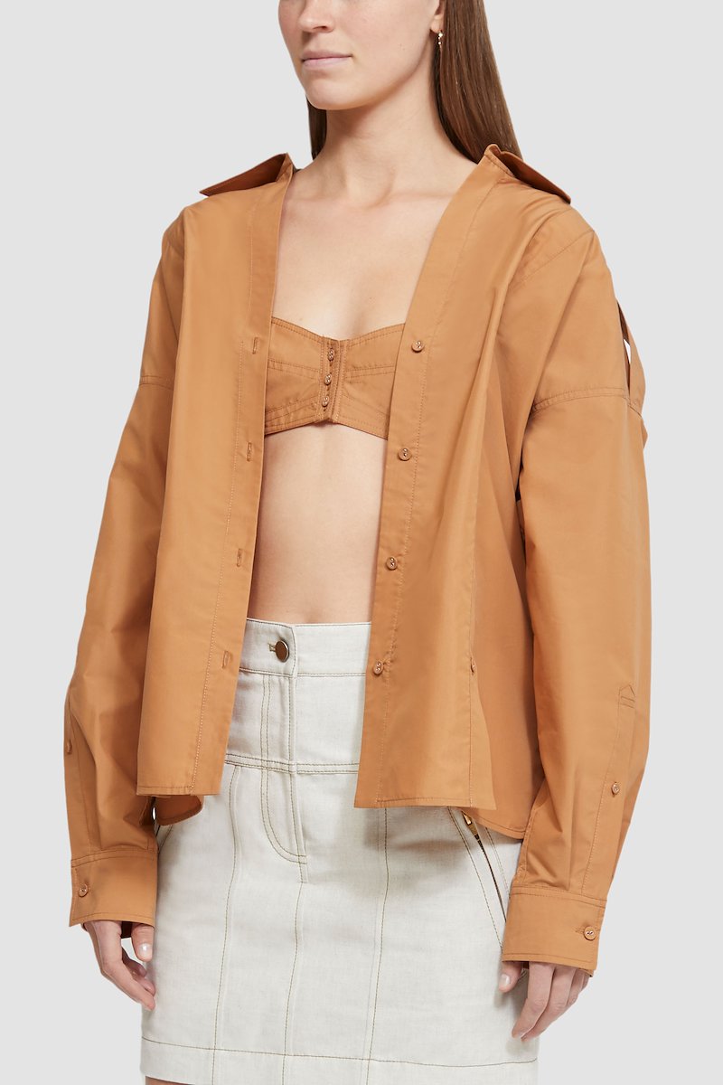 Long Sleeve Cotton Poplin Shirt -neutrals #0 Long Sleeve Cotton Poplin Shirt , flat-collar long-sleeved shirt from 3.1 PHILLIP LIM featuring taupe, cotton blend, oversized pointed collar, front button fastening, long sleeves, buttoned cuffs and straight hem.- 4