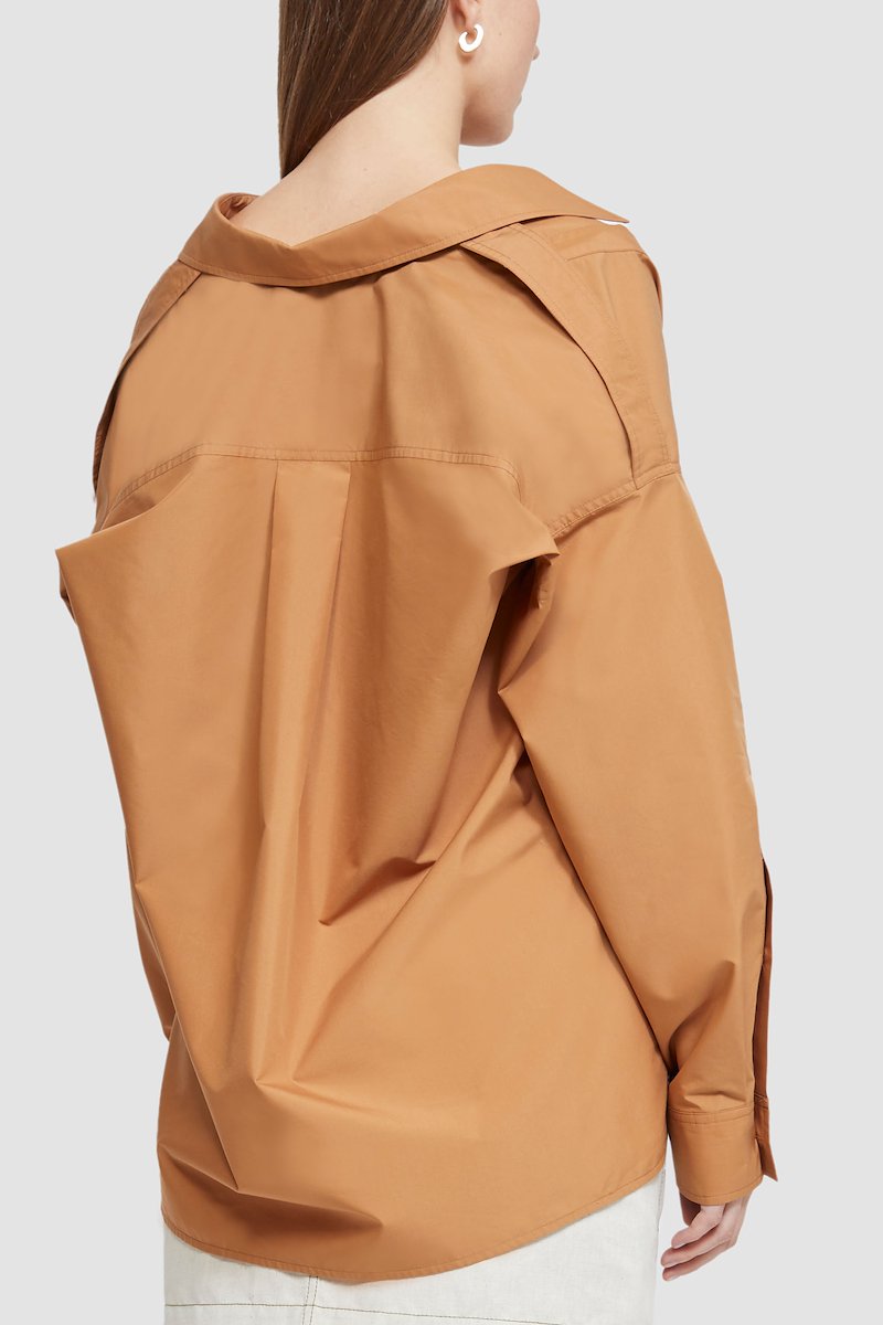 Long Sleeve Cotton Poplin Shirt -neutrals #1 Long Sleeve Cotton Poplin Shirt , flat-collar long-sleeved shirt from 3.1 PHILLIP LIM featuring taupe, cotton blend, oversized pointed collar, front button fastening, long sleeves, buttoned cuffs and straight hem.- 5