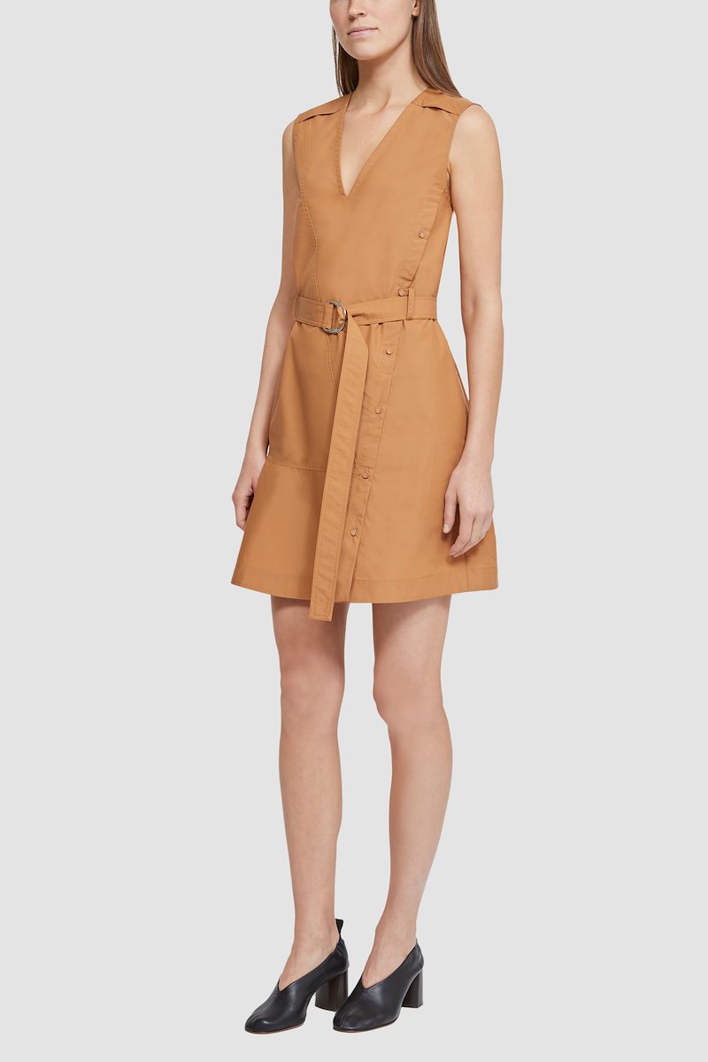 Sleeveless Cotton Poplin V-Neck Belted Dress-neutrals #0 Sleeveless Cotton Poplin V-Neck Belted Dress, cotton poplin A-line dress from 3.1 PHILLIP LIM featuring ochre yellow, cotton blend, A-line, poplin texture, decorative button detailing, V-neck, sleeveless, belted waist and thigh-length.- 4